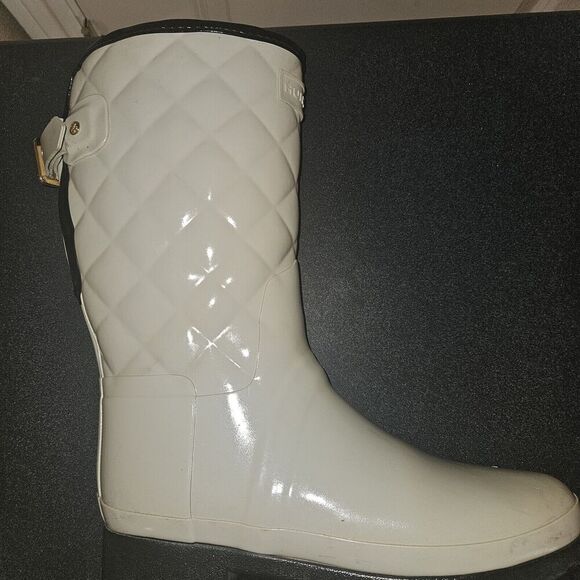 HUNTER Refined Gloss Quilted Rubber Rain Boots Mid Calf US 7 EU 36 Cream - Picture 9 of 15